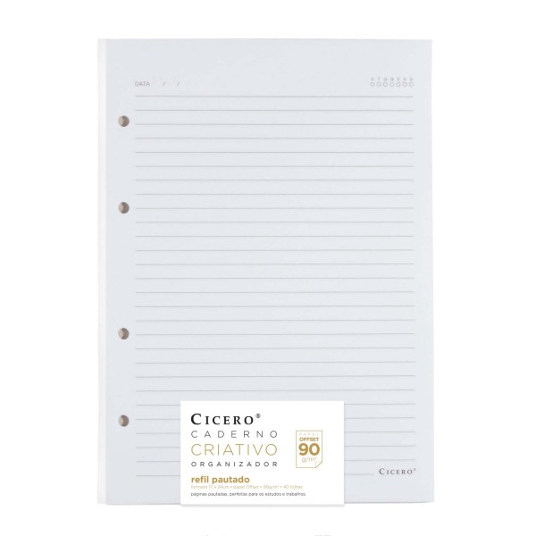 Encontraproduto.com.br - Refil 17 x 24 cm com 40 Folhas Pautado Offset 90 g/m² Cicero