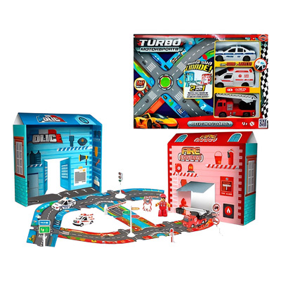 Encontraproduto.com.br - Kit Pista com Acessórios Toyng com 3 Veículos Resgate com Som e Luz - Toyng