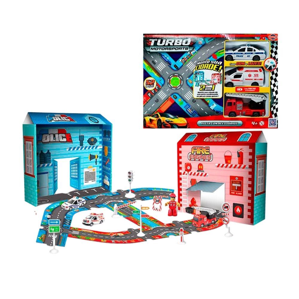 Encontraproduto.com.br - Kit Pista com Acessórios Toyng com 3 Veículos Resgate com Som e Luz - Toyng
