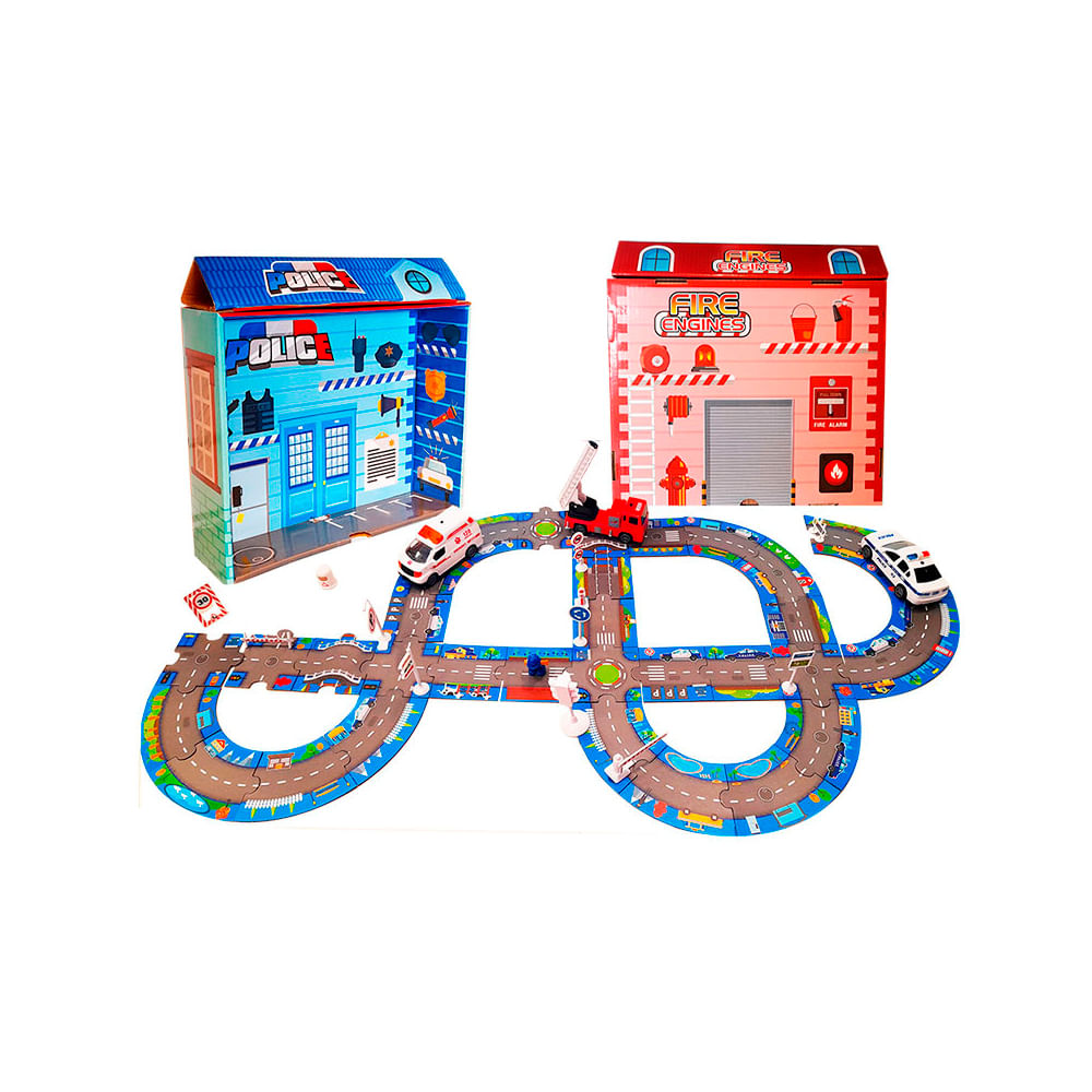 Encontraproduto.com.br - Kit Pista com Acessórios Toyng com 3 Veículos Resgate com Som e Luz - Toyng