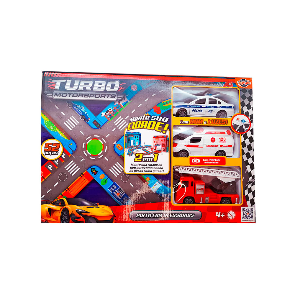 Encontraproduto.com.br - Kit Pista com Acessórios Toyng com 3 Veículos Resgate com Som e Luz - Toyng