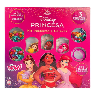 Brinquedo Kit Pulseiras E Colares Princesas Disney Com Pingentes Da Moana, Ariel E Bela