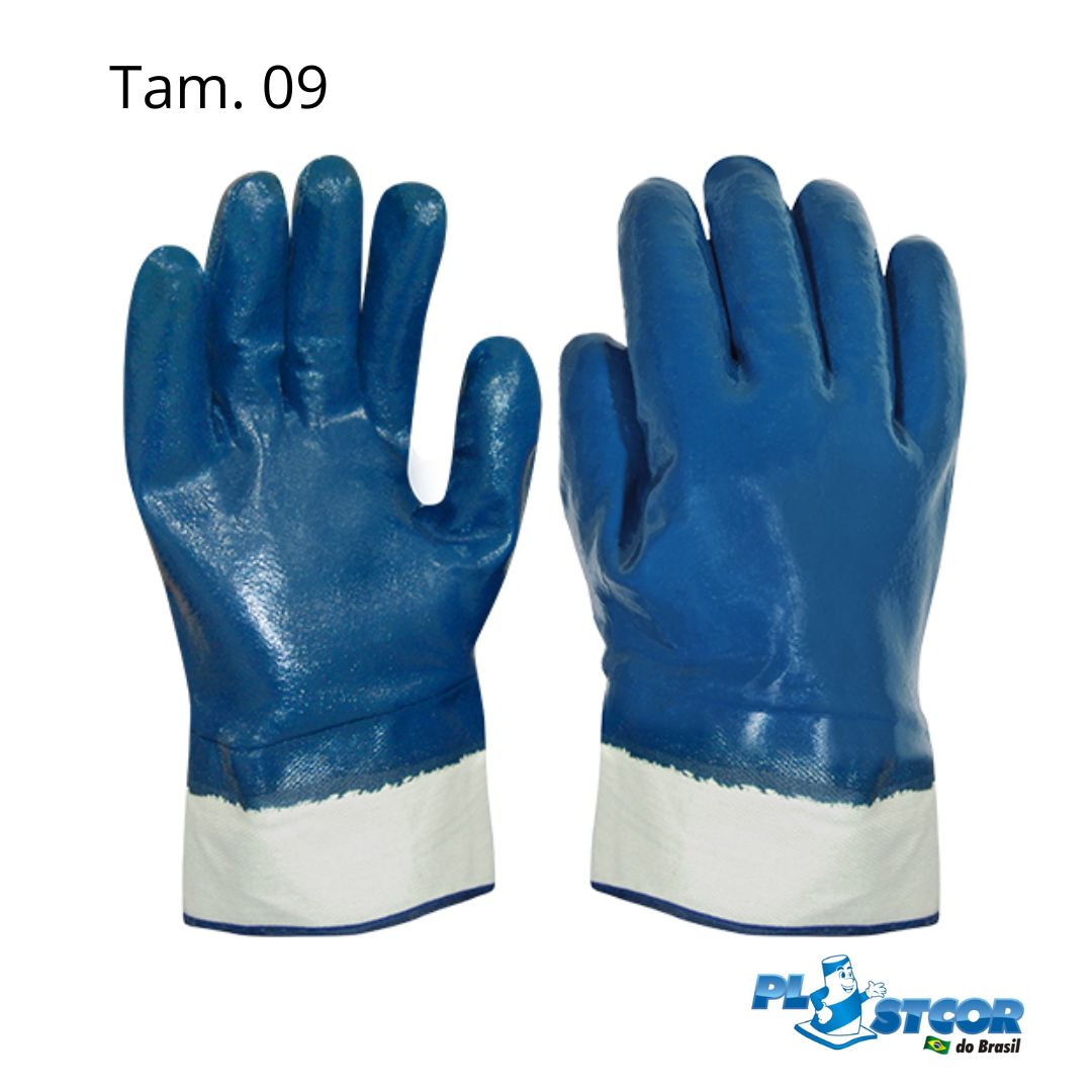 Encontraproduto.com.br - Luva Algodão Banho Nitrilico Azul Total com Punho Lona Tamanho 09 - Plastcor