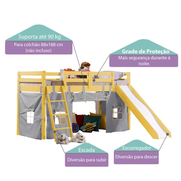 Encontraproduto.com.br - Cama Infantil Prime com Escorregador Tobogã Amarelo e Tenda Casatema