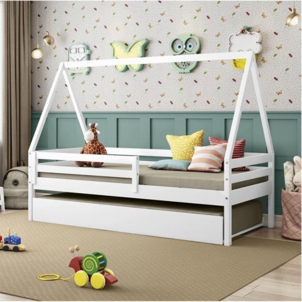 Encontraproduto.com.br - Bicama Solteiro Infantil Prime Com Telhado Vi E Grade De Proteção Iv Casatema Branco