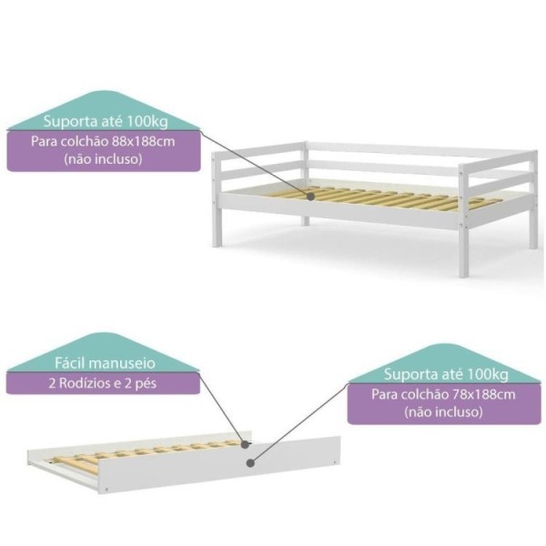 Encontraproduto.com.br - Bicama Solteiro Infantil Prime Com Telhado Vi E Grade De Proteção Iv Casatema Branco