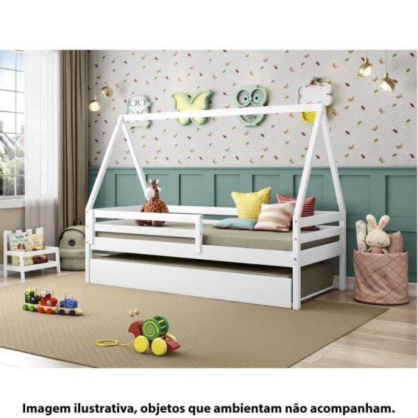 Encontraproduto.com.br - Bicama Solteiro Infantil Prime Com Telhado Vi E Grade De Proteção Iv Casatema Branco