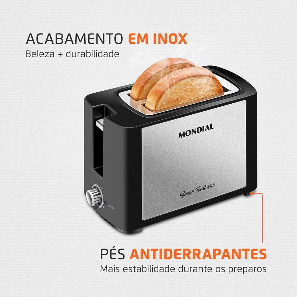Encontraproduto.com.br - Torradeira Smart Toast Mondial T-13 Com 6 Opções De Tostagem Preto Com Inox 220v