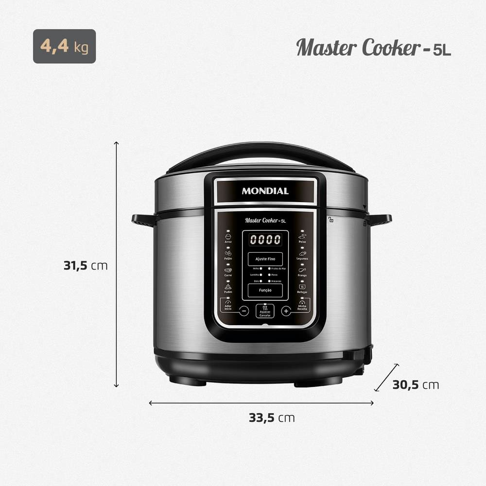 Encontraproduto.com.br - Panela de Pressão Elétrica 5 Litros Mondial Master Cooker PE38 Preta com Prata 127V