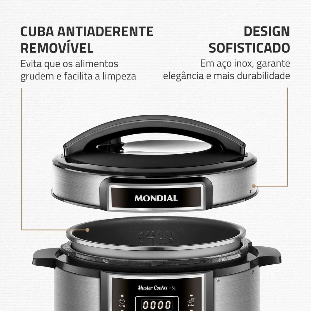 Encontraproduto.com.br - Panela de Pressão Elétrica 5 Litros Mondial Master Cooker PE38 Preta com Prata 127V
