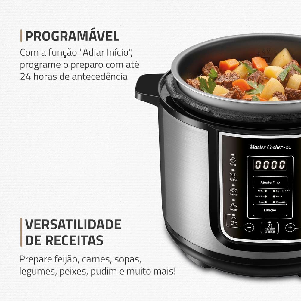 Encontraproduto.com.br - Panela de Pressão Elétrica 5 Litros Mondial Master Cooker PE38 Preta com Prata 127V
