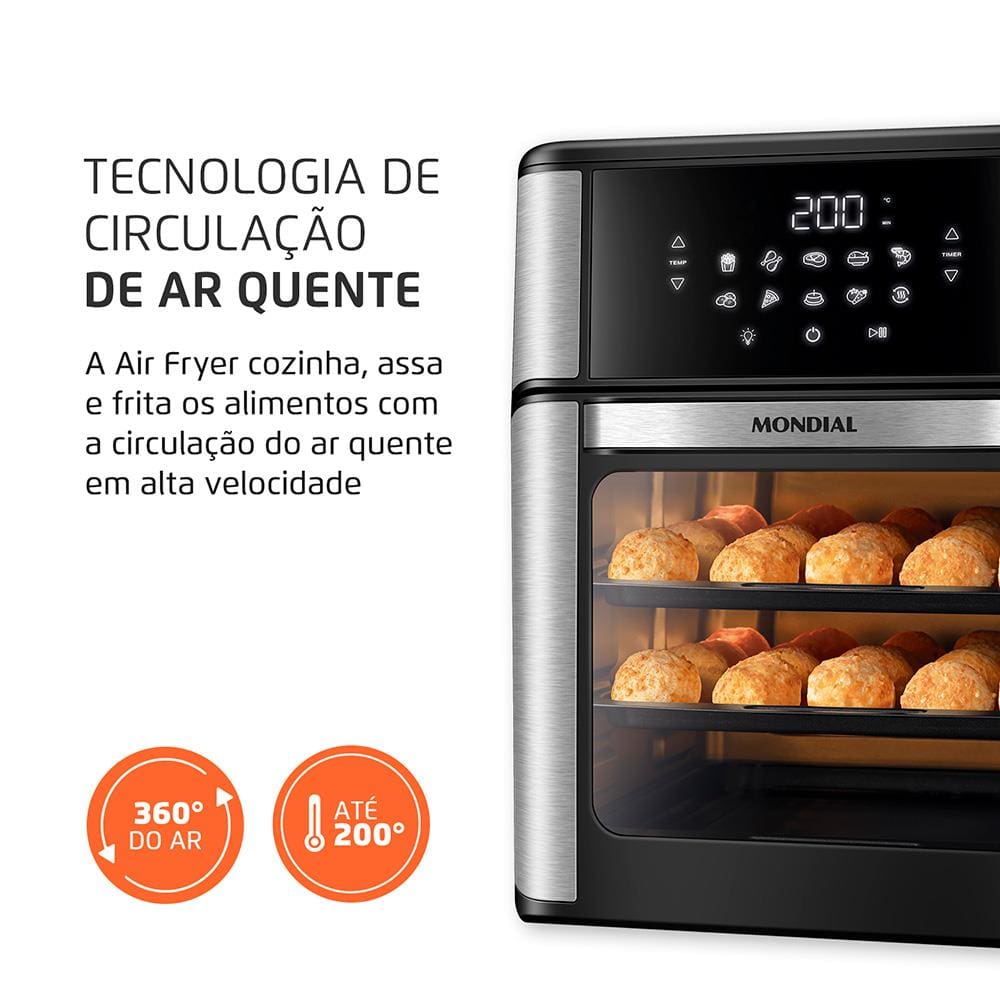 Encontraproduto.com.br - Fritadeira Elétrica Sem óleo Air Fryer Oven 2 Em 1 Mondial Preto Com Inox 110V