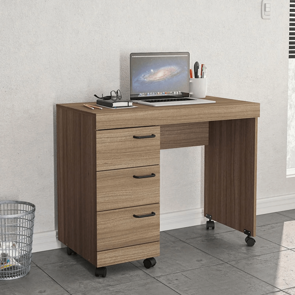 Encontraproduto.com.br - Mesa Osaka 90cm Com 3 Gavetas Com Rodízio Politorno Castanho