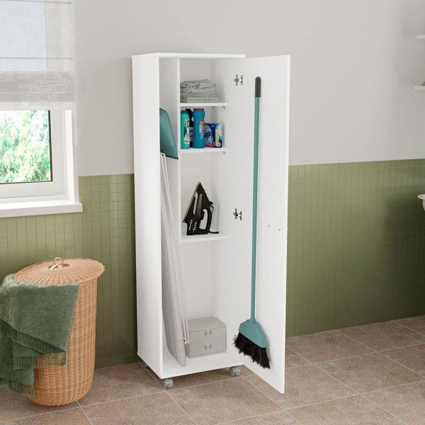 Encontraproduto.com.br - Armário Multiuso Politorno Pompeia com 1 Porta, 3 Prateleiras e Suporte para Vassoura e Pá - Branco