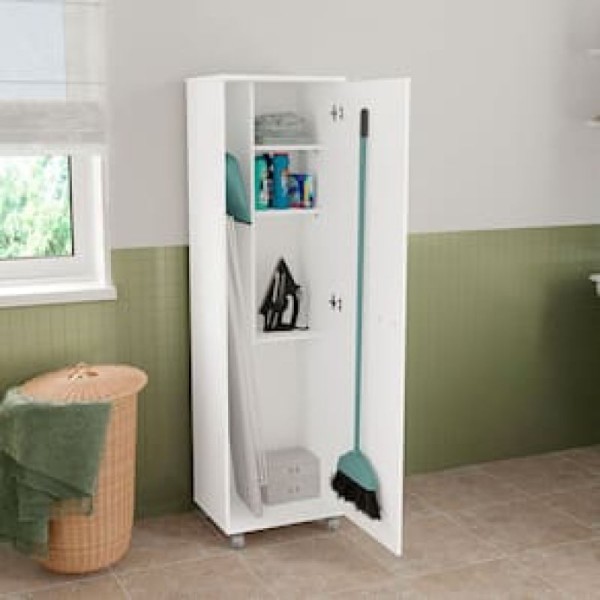 Encontraproduto.com.br - Armário Multiuso Politorno Pompeia com 1 Porta, 3 Prateleiras e Suporte para Vassoura e Pá - Branco