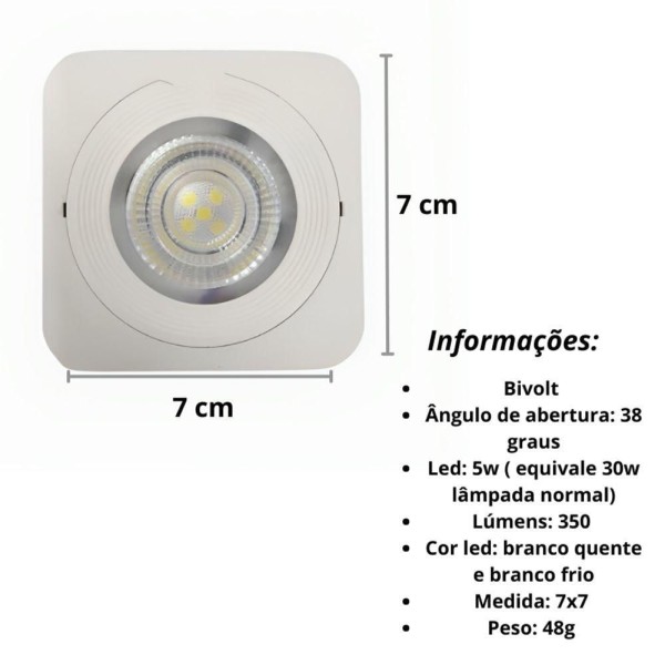 Encontraproduto.com.br - Kit 2 Spot Plafon Sobrepor Quadrado Branco 7x7 Led 5w Bivolt Led:branco Frio 6000k