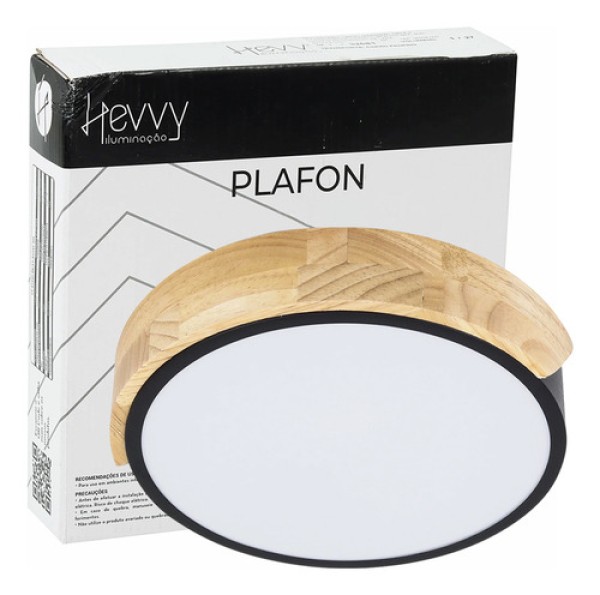 Plafon Redondo LED 18/36W 3000/4000/6000K Preto Com Madeira Hevvy