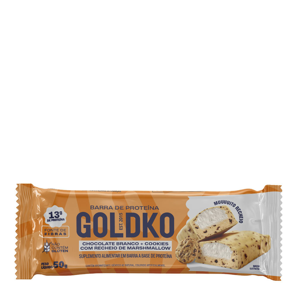 Barra de Proteína Sabor Chocolate Branco com Cookies e Marshmallow 50g Goldko