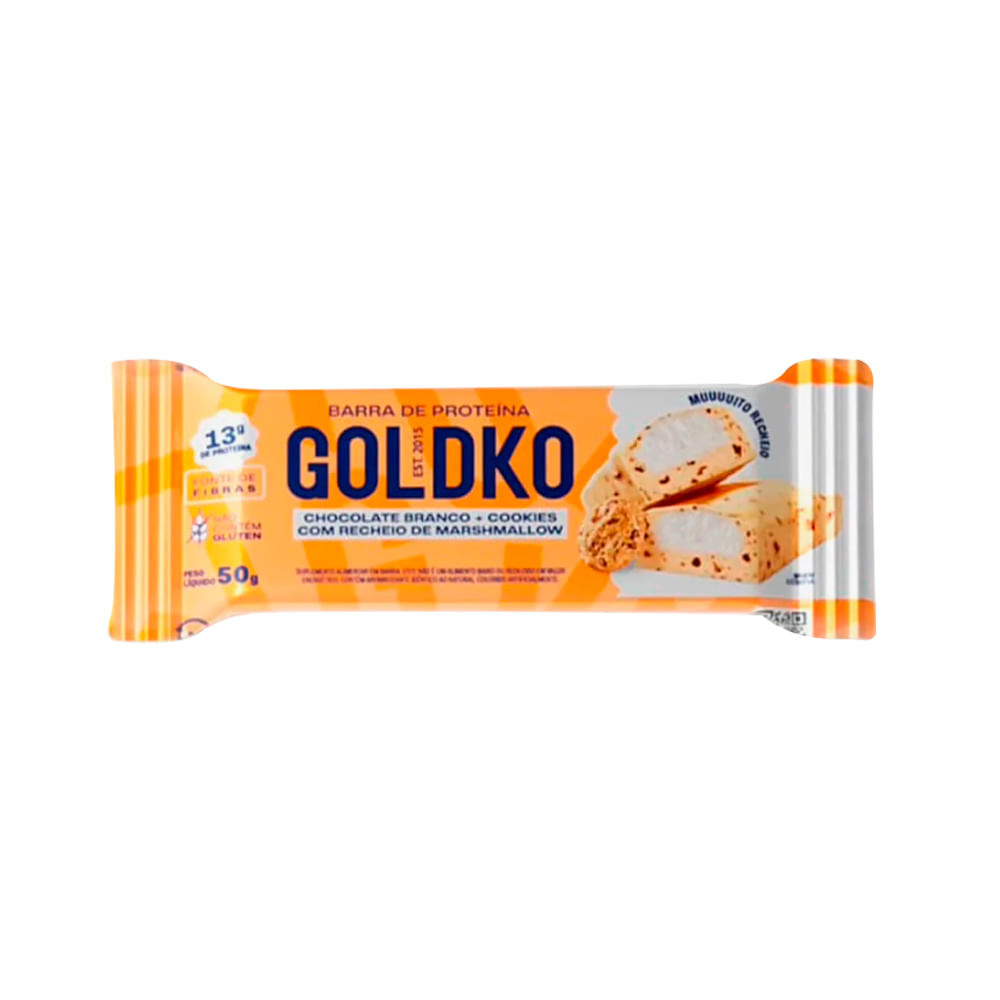 Encontraproduto.com.br - Barra de Proteína Sabor Chocolate Branco com Cookies e Marshmallow 50g Goldko