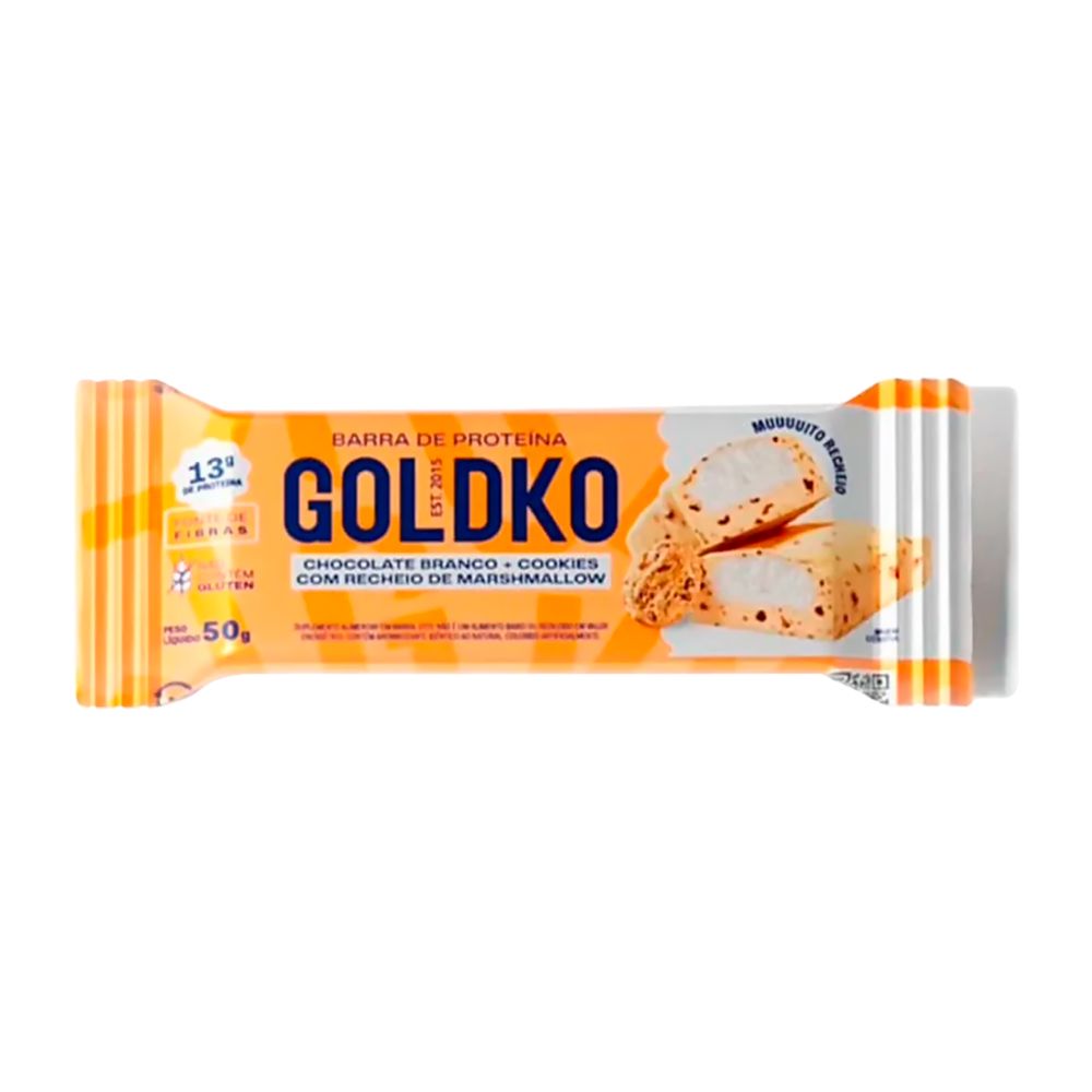 Encontraproduto.com.br - Barra de Proteína Sabor Chocolate Branco com Cookies e Marshmallow 50g Goldko