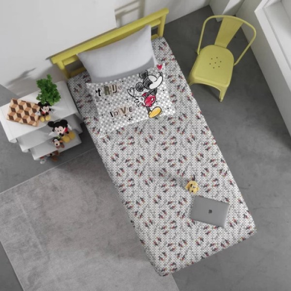 Jogo de Cama Portallar Solteiro Malha Mista Mickey True Love Disney 2 Pçs Cinza