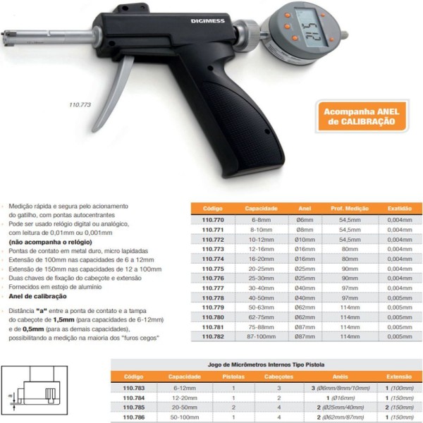Encontraproduto.com.br - Micrômetros Internos Tipo Pistola Com 3 Pontas De Contato - Cap. 25-30 Mm - Ref. 110.766-fl - Digimess
