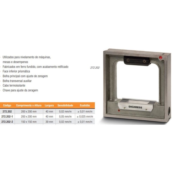 Encontraproduto.com.br - Nível Quadrangular De Precisão - Dimensões 150 X 150mm - Sensibilidade 0,05mm/m - Exatidão ± 0,025mm/m - Ref. 272.202-3