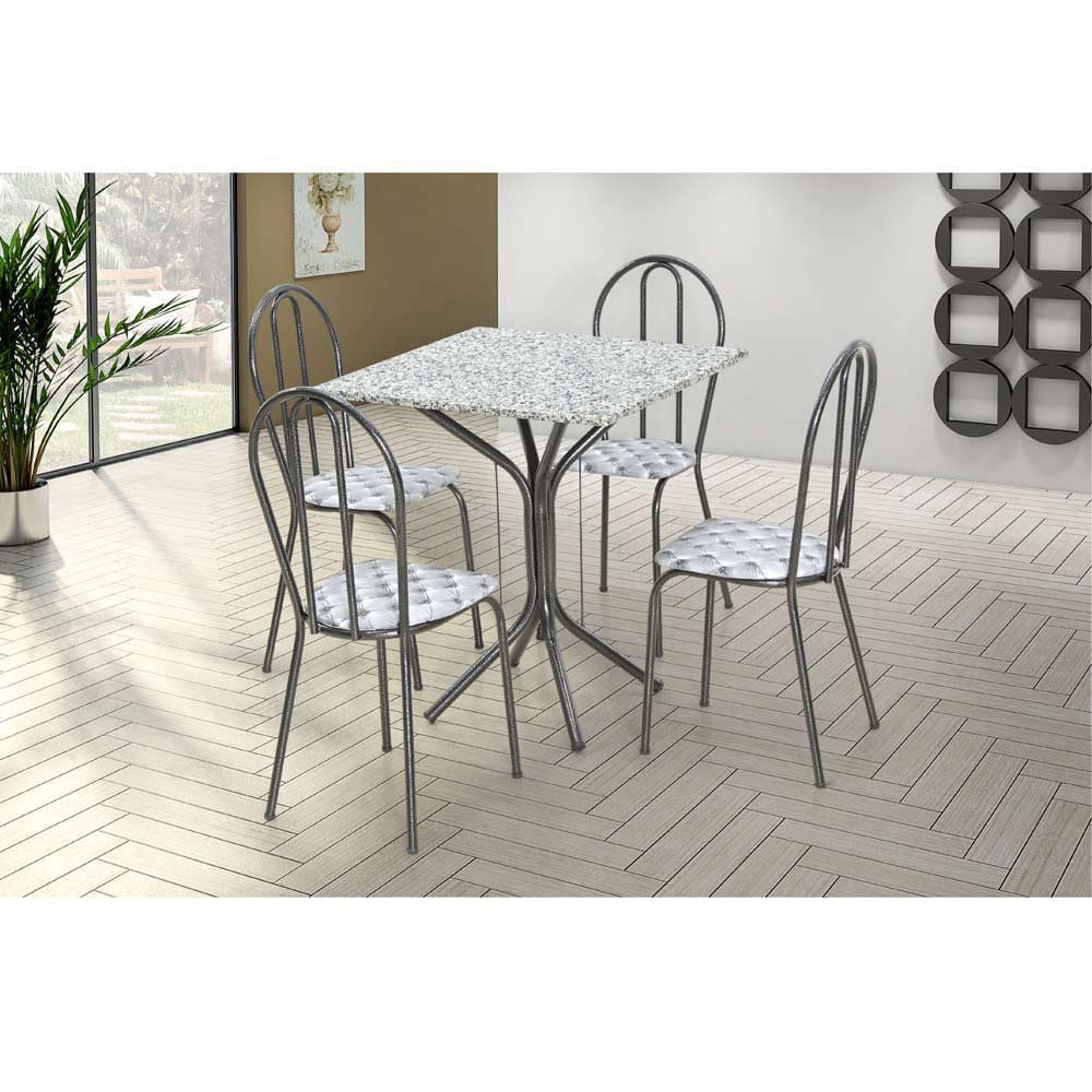 Conjunto Mesa Quadrada com Tampo em Granito e 4 Cadeiras