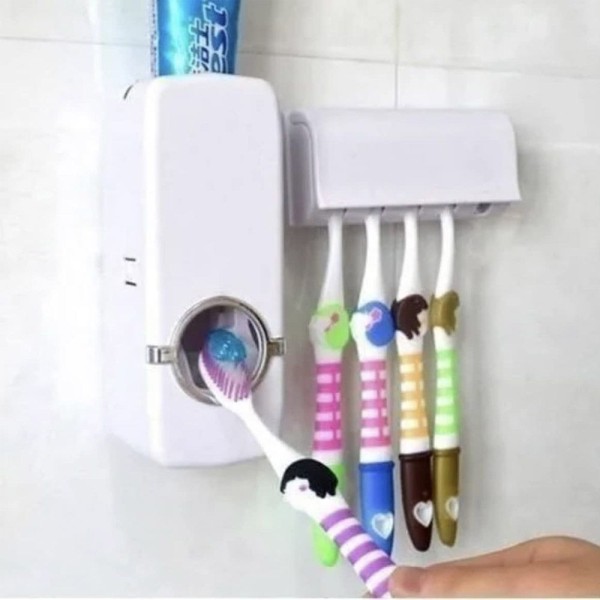 Encontraproduto.com.br - Dispenser Automático Porta Escova Pasta De Dente Suporte Banheiro