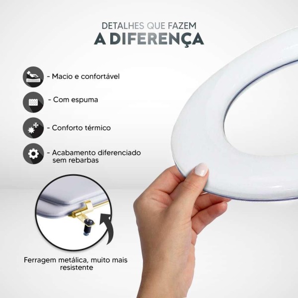 Encontraproduto.com.br - Assento Sanitário Almofadado Carrara Branco para vaso Deca com Ferragem Dourada