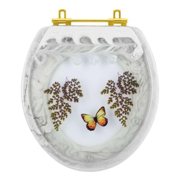 Encontraproduto.com.br - Assento Sanitário Decorado Oval Convencional Bege Claro Com Borboleta Azul Com Ferragem Dourada
