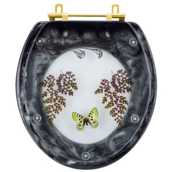 Encontraproduto.com.br - Assento Sanitário Decorado Oval Convencional Preto Com Borboleta Verde para todas as marcas Com Ferragem Dourada