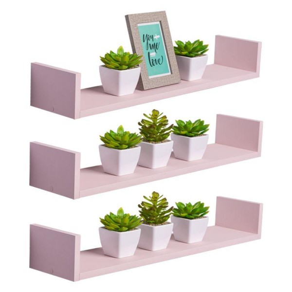 Encontraproduto.com.br - Kit 3 Prateleiras U 70 X 15cm Rosa Claro Suporte Invisível