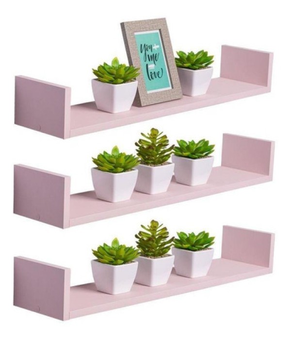 Encontraproduto.com.br - Kit 3 Prateleiras U 70 X 15cm Rosa Claro Suporte Invisível