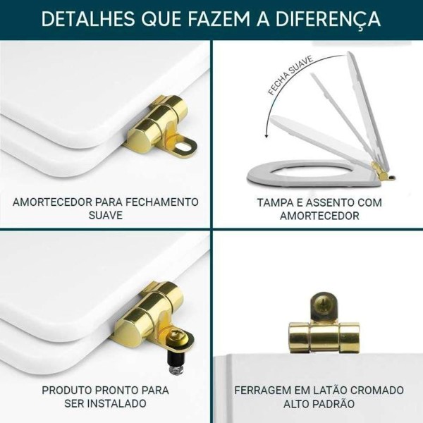 Encontraproduto.com.br - Assento Sanitário Poliéster Soft Close Hampton Branco Para Vaso Incepa Com Ferragem Dourada