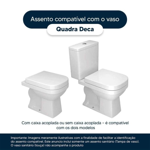 Encontraproduto.com.br - Assento Sanitário Poliéster Soft Close Quadra Branco para Vaso Deca com Ferragem Preta