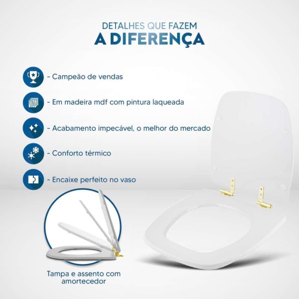 Encontraproduto.com.br - Assento Sanitário Com Fechamento Lento Fit Branco Para Vaso Celite Com Ferragem Dourada