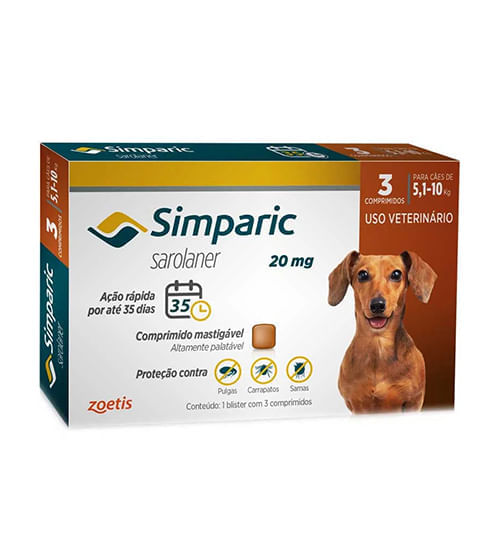 Encontraproduto.com.br - Simparic Antipulgas e Carrapatos 20mg com 3 comprimidos para Cães de 5,1kg a 10kg