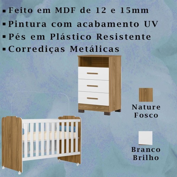 Encontraproduto.com.br - Berço Com Rodizios E Comoda Nature Branco Iamore Plla Nature Branco