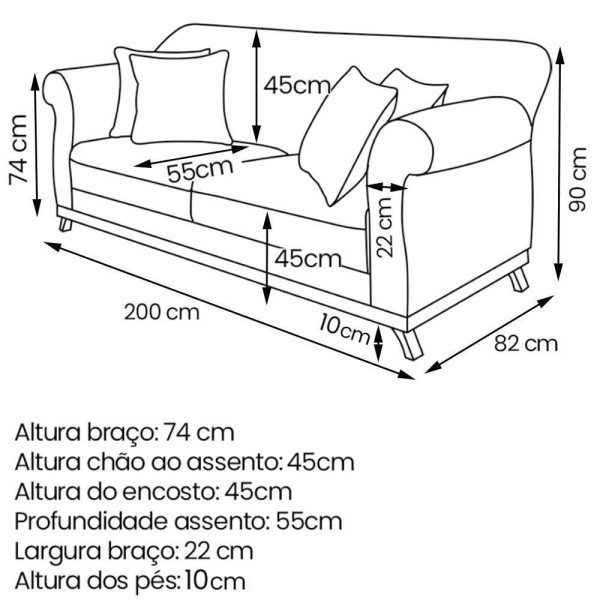 Encontraproduto.com.br - Sofa 3 Lugares Retro Polo 200cm Com Almofada Veludo 2231 Ezz 2231