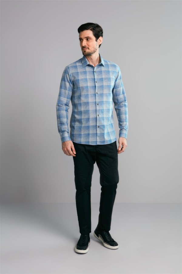 Encontraproduto.com.br - Camisa Manga Longa Fio Tinto Slim Fit - Azul Medio