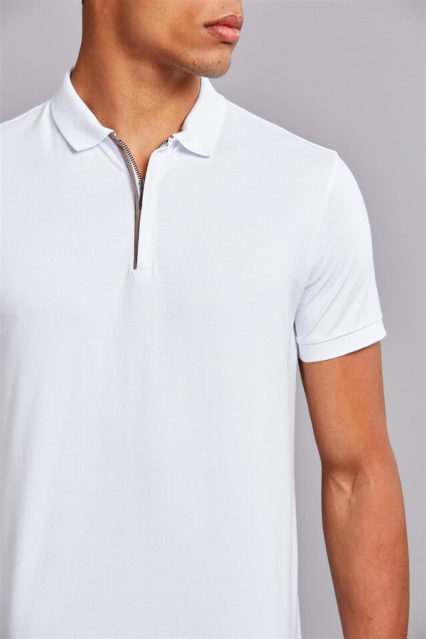 Encontraproduto.com.br - Polo Manga Curta com Zíper Premium Slim Fit - Branco