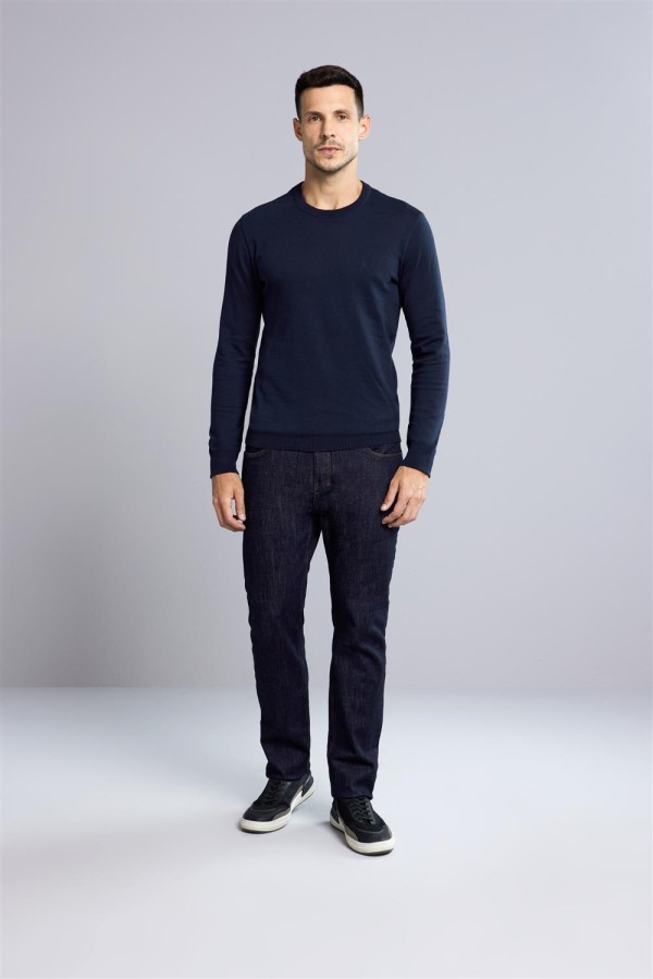 Encontraproduto.com.br - Tricot Básico Gola Careca - Azul Marinho