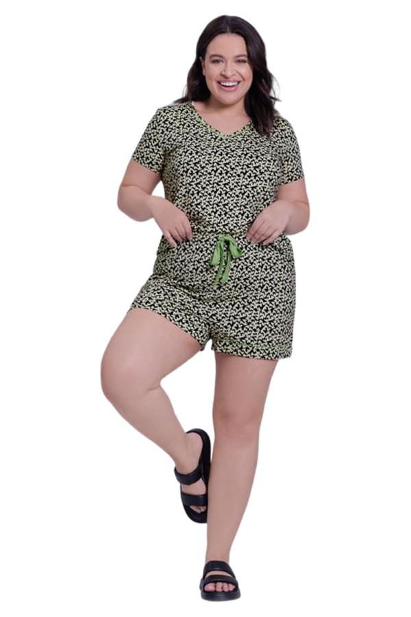 Pijama Curto Lunender Plus Size Estampado Preto