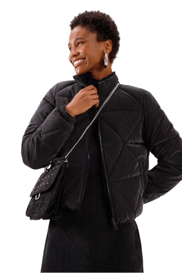 Jaqueta Puffer Lunender Dupla Face Com Pelo Preto