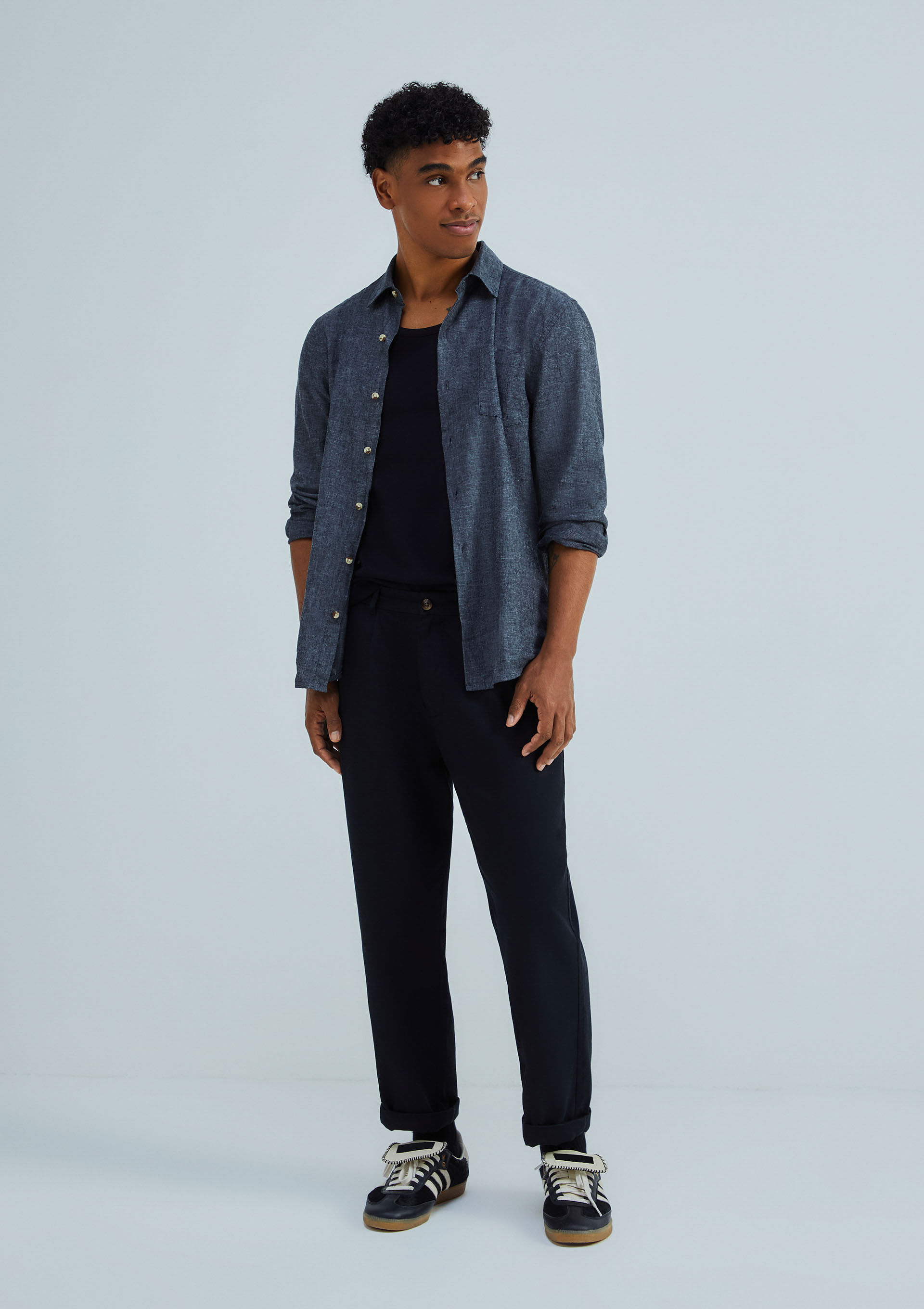 Calça Masculina Reta Chino Com Linho - Preto