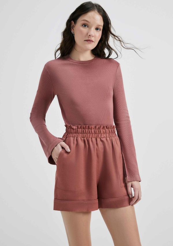 Encontraproduto.com.br - Shorts Feminino Cintura Alta Com Linho - Marsala