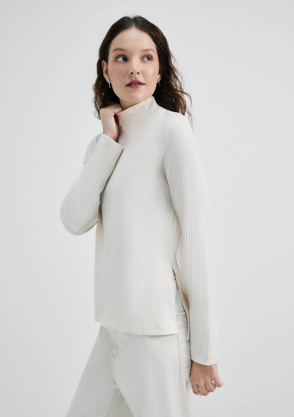 Blusa Feminina Manga Longa Gola Alta Em Ribana - Creme