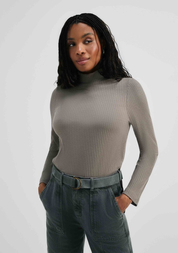 Blusa Feminina Manga Longa Gola Alta Em Ribana - Cinza