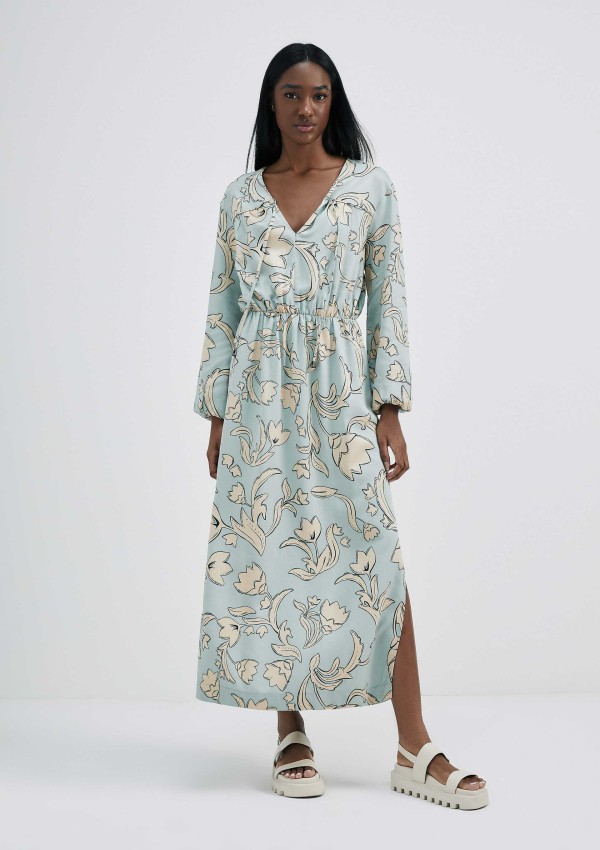 Encontraproduto.com.br - Vestido Midi Evasê Estampado Em Viscose Creponada - Verde